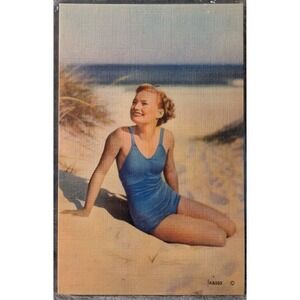 Pretty Lady Blue Swimsuit Sitting On The Sand Beach Vintage Linen AB502 Postcard